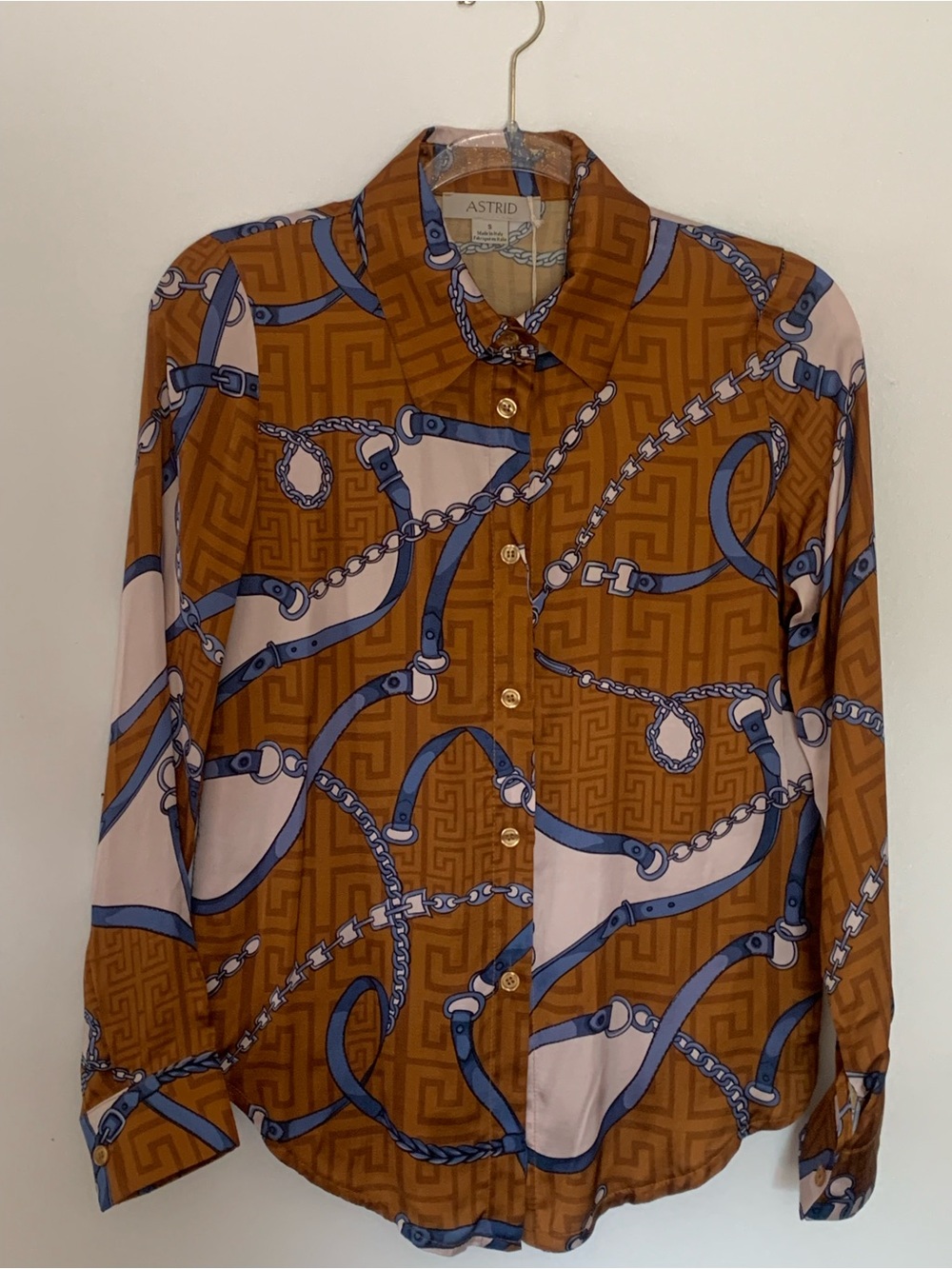Astrid Printed Button-Up Blouse in Brown and Blue